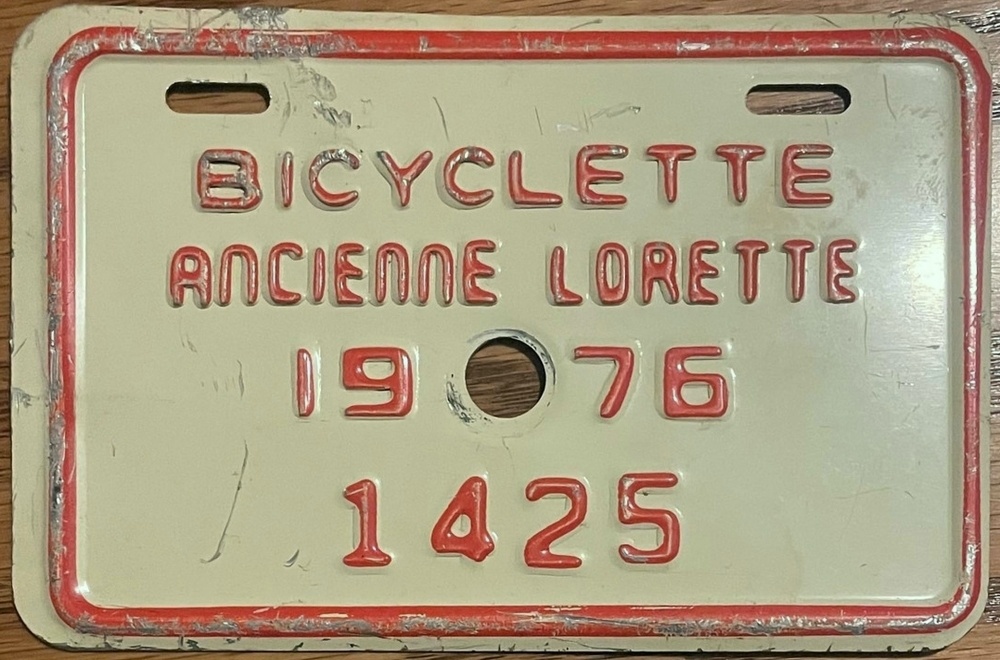 Plaque d'immatriculation BICYCLETTE Ville de L'Ancienne-Lorette 1976