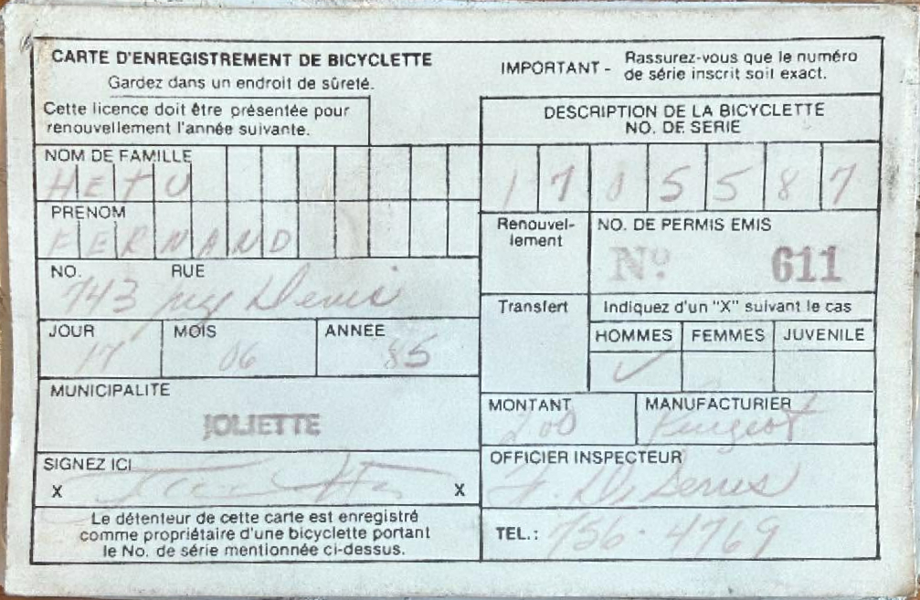 Enregistrement d'immatriculation BICYCLETTE Ville de Joliette de 1985