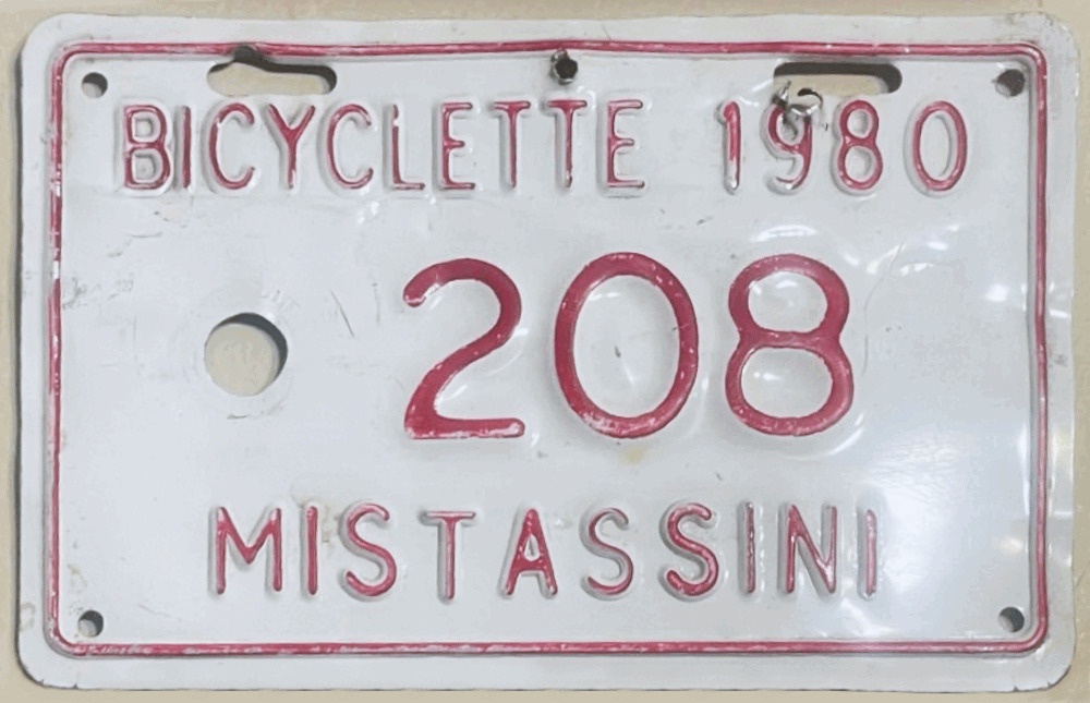 Plaque d'immatriculation BICYCLETTE Ville de Mistassini de 1980