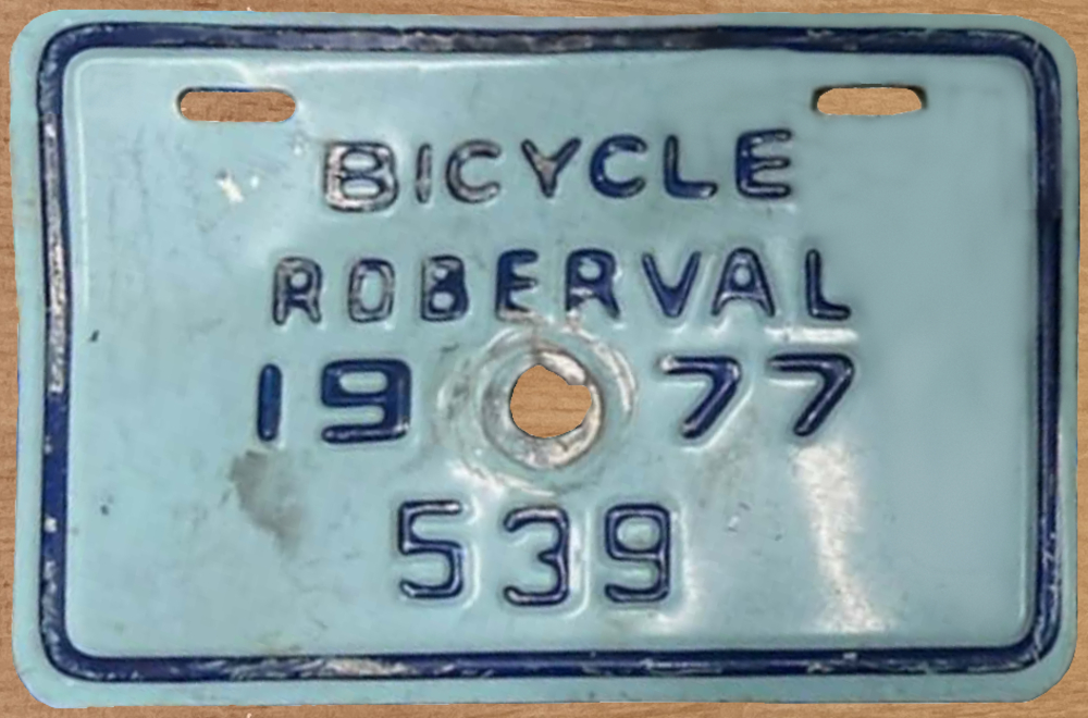 Plaque d'immatriculation BICYCLE Ville de Roberval de 1977