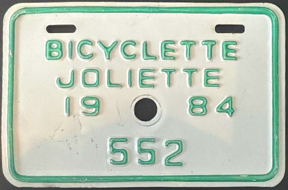 Plaque d'immatriculation BICYCLETTE Ville de Joliette de 1984