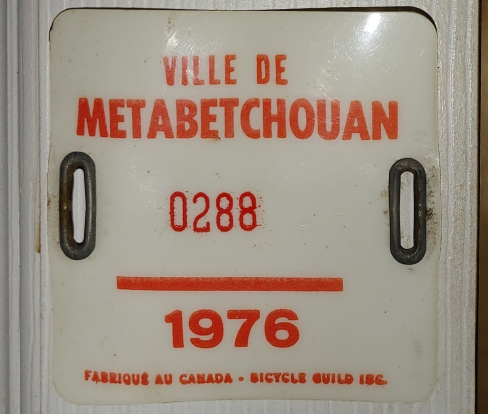 Plaque d'immatriculation BICYCLETTE Ville de Métabetchouan de 1976