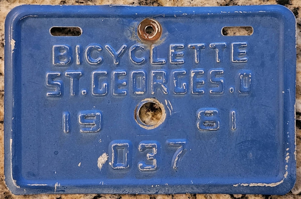 Plaque d'immatriculation BICYCLETTE Ville de Saint-Georges-Ouest de 1981