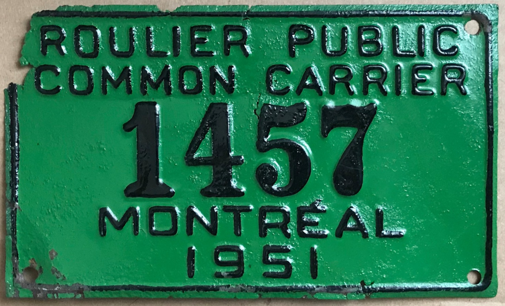 Plaque d'immatriculation ROULIER PUBLIC Ville de Montréal de 1951