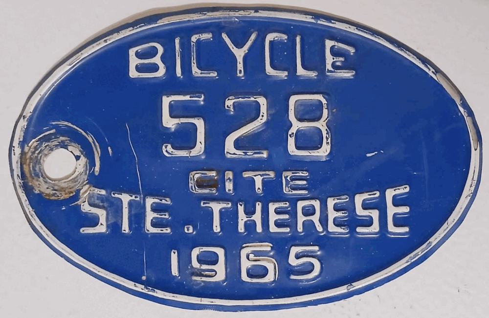 Plaque d'immatriculation BICYCLE Ville de Sainte-Thérèse de 1965