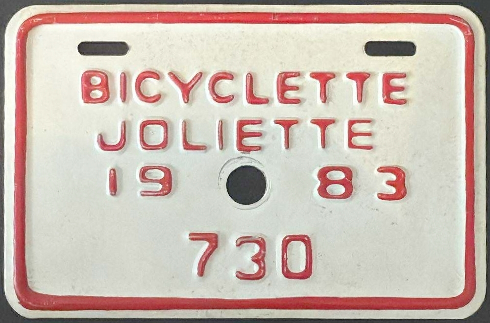 Plaque d'immatriculation BICYCLETTE Ville de Joliette de 1983