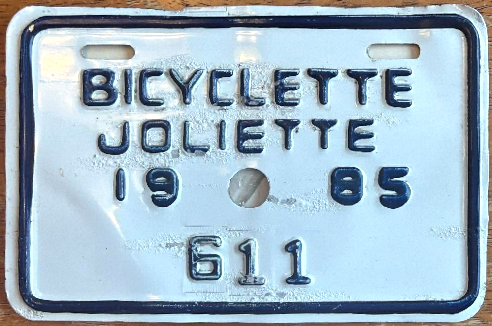 Plaque d'immatriculation BICYCLETTE Ville de Joliette de 1985