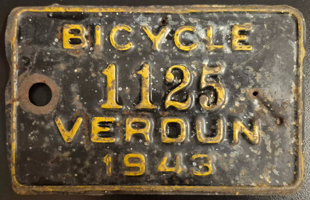 Plaque d'immatriculation BICYCLE Ville de Verdun de 1943
