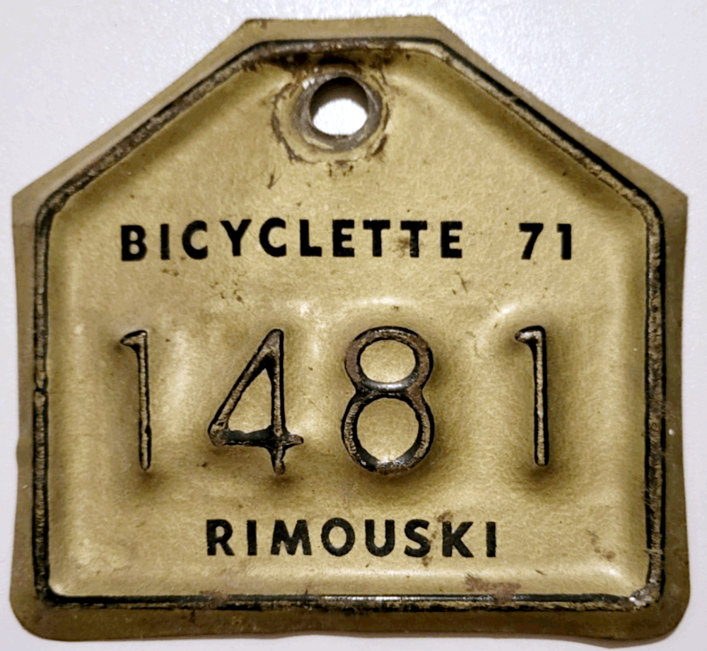 Plaque d'immatriculation BICYCLETTE Ville de Rimouski de 1971