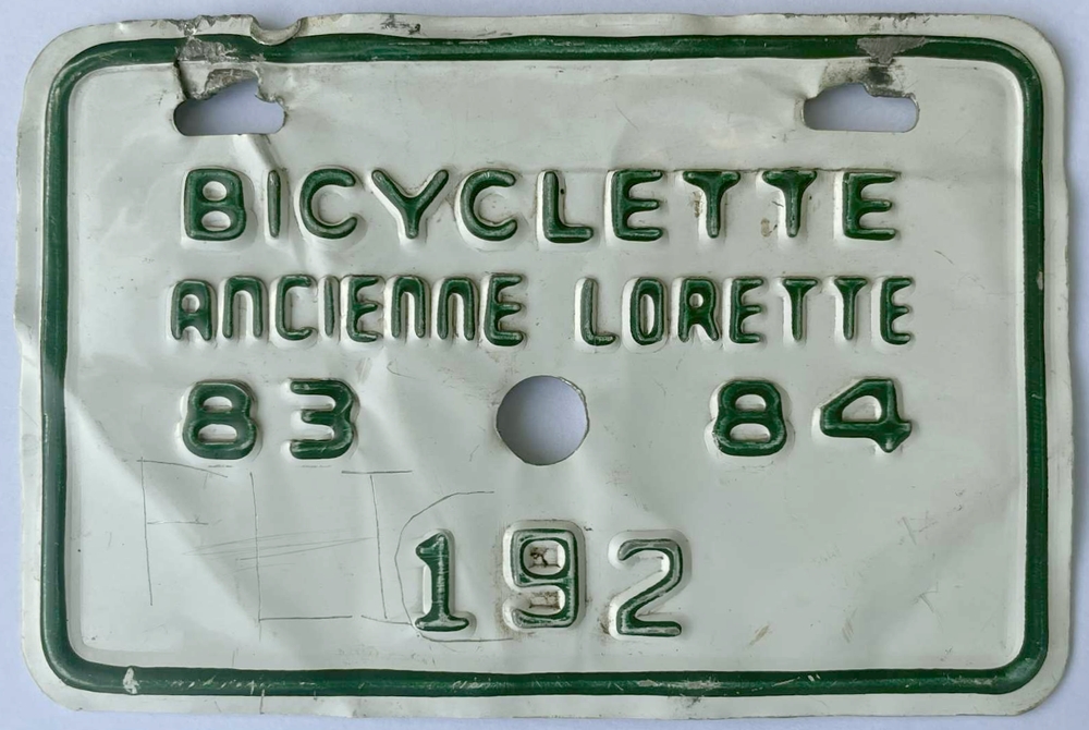 Plaque d'immatriculation BICYCLETTE Ville de L'Ancienne-Lorette 1983-84