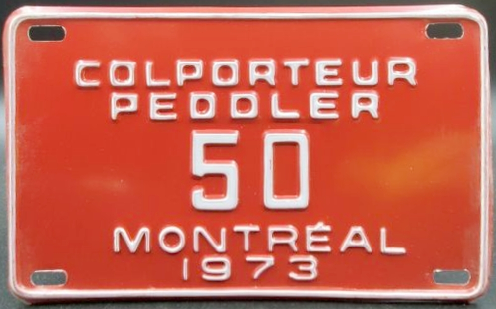 Plaque d'immatriculation COLPORTEUR Ville de Montréal de 1973