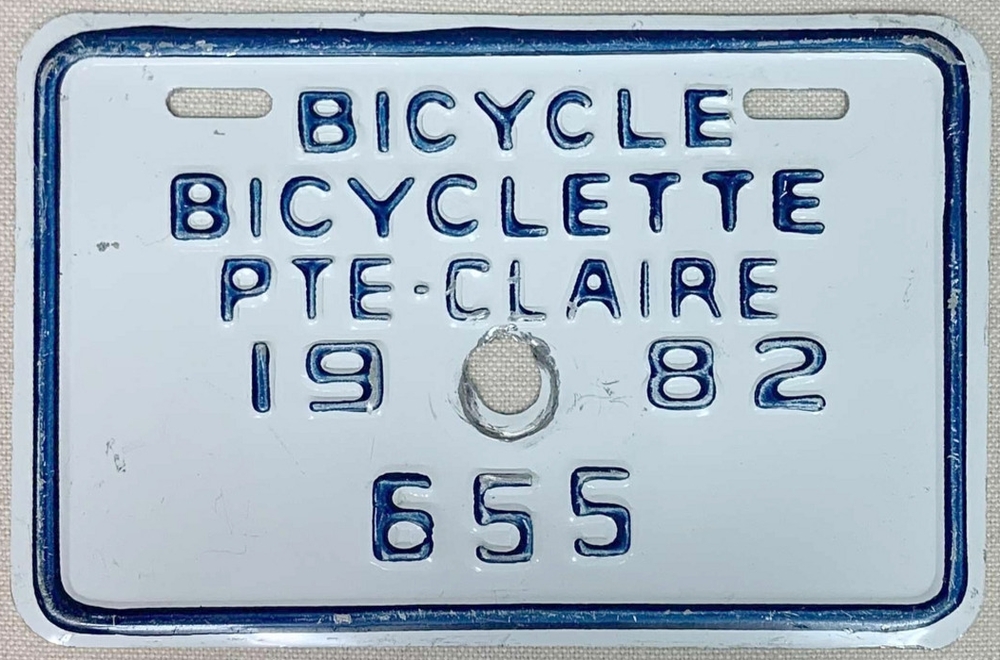 Plaque d'immatriculation BICYCLETTE Ville de Pointe-Claire de 1982