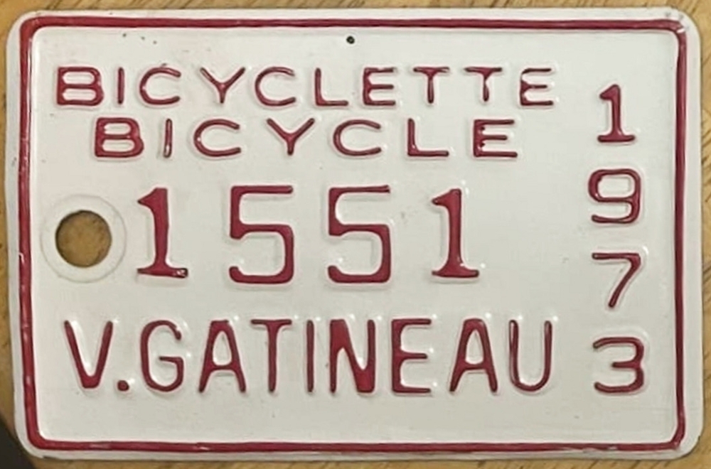 Plaque d'immatriculation BICYCLETTE Ville de Gatineau de 1973