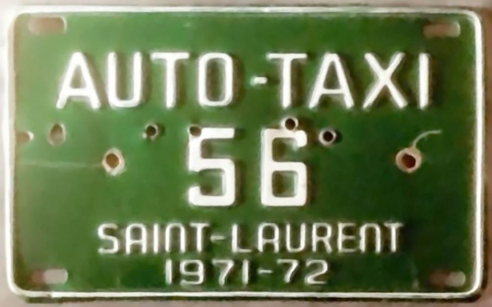 Plaque d'immatriculation TAXI Ville de Saint-Laurent de 1971-72