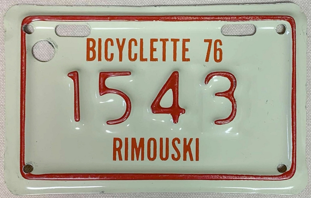 Plaque d'immatriculation BICYCLETTE Ville de Rimouski de 1976