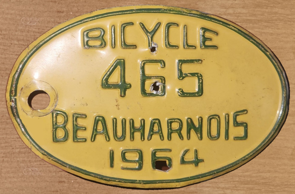 Plaque d'immatriculation BICYCLE Ville de Beauharnois de 1964