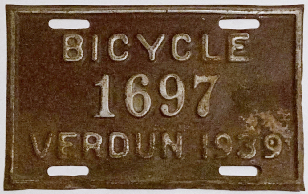 Plaque d'immatriculation BICYCLE Ville de Verdun de 1939