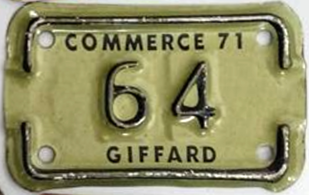 Plaque d'immatriculation COMMERCE Ville de Giffard de 1971
