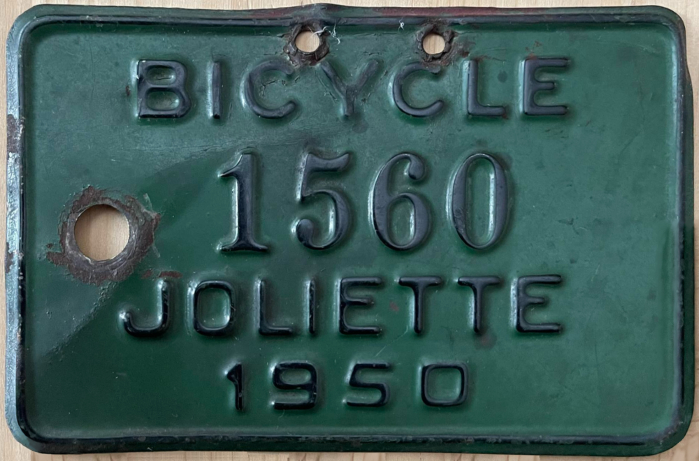 Plaque d'immatriculation BICYCLE Ville de Joliette de 1950