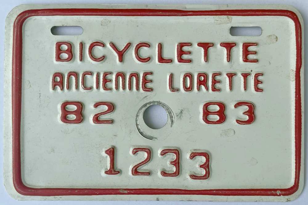 Plaque d'immatriculation BICYCLETTE Ville de L'Ancienne-Lorette 1982-83